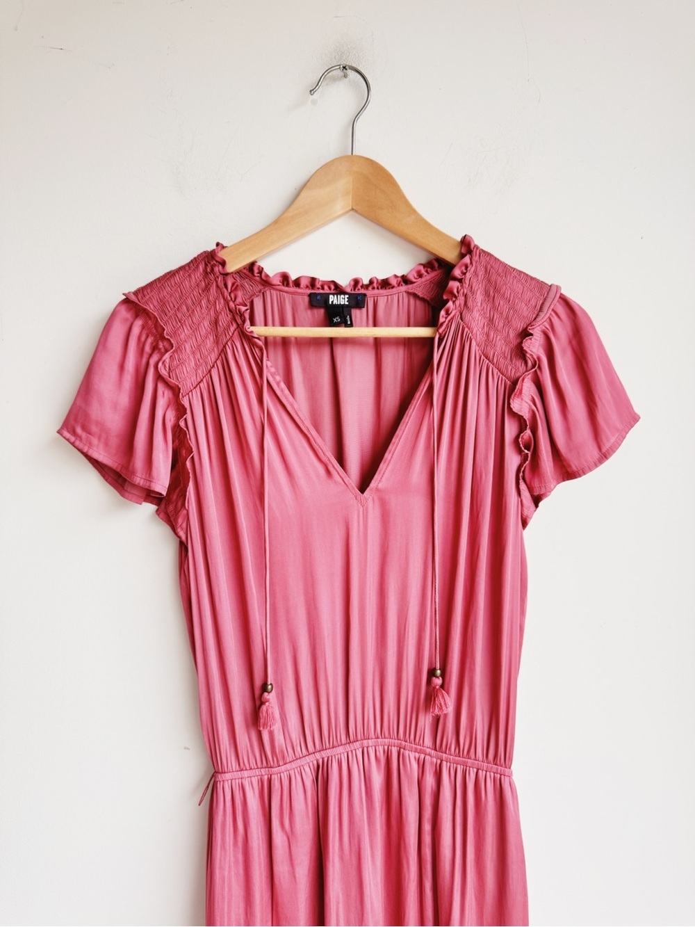 PAIGE Laramie Midi Dress Pink Satin Ruffle Midi Dress XS - Picture 5 of 6